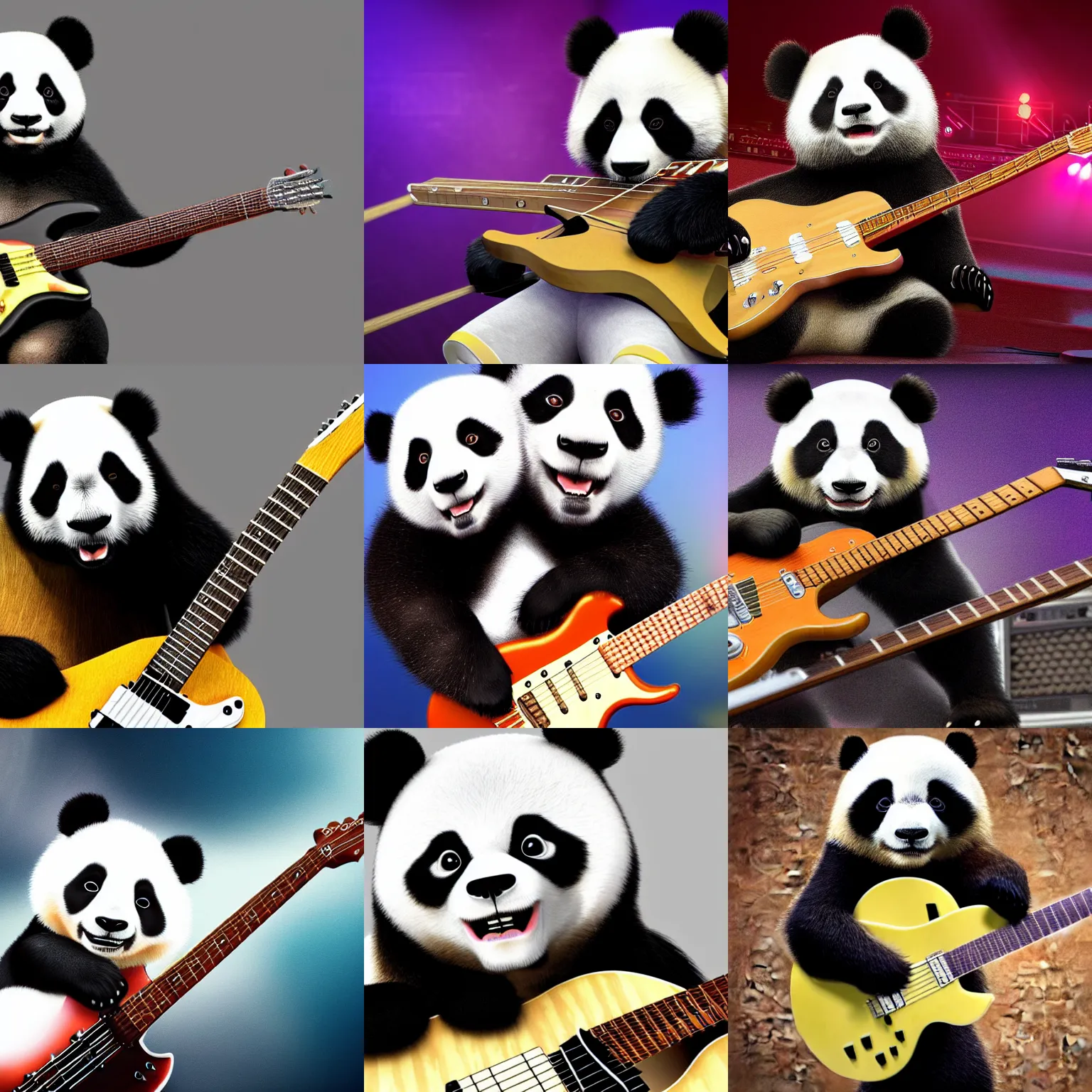 Prompt: a high quality photo of a panda playing electric guitar, on stage, render, ultra realistic, cgsociety