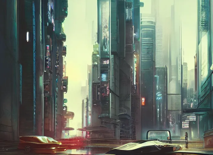 Image similar to a car driving down a street next to tall buildings, cyberpunk art by Vincent Lefevre, cgsociety, retrofuturism, matte painting, reimagined by industrial light and magic