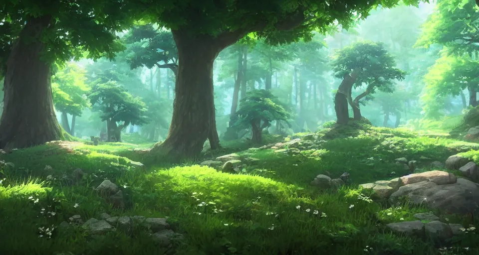 Image similar to Korok forest from the Legend of Zelda, Makoto Shinkai, Studio Ghibli style, Nintendo, environment concept, digital art, unreal engine, 3 point perspective, WLOP, trending on artstation, low level, 4K UHD image, octane render,