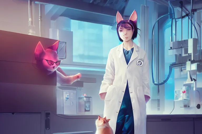 Prompt: woman with cat ears wearing a labcoat in a futuristic lab, cinematic, beautiful face, digital art, by wlop, by james gilleard, by conrad roset, by yoshitaka amano, sunlit, cozy, trending on artstation, octane render, matter art, close up shot