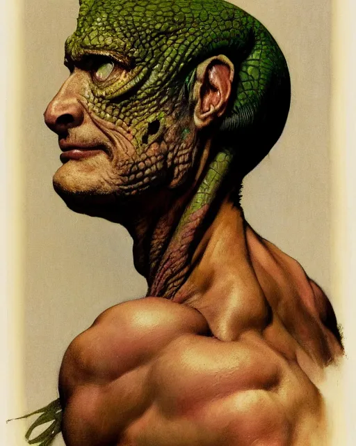 Image similar to upper body and head portrait of lizard man, by norman rockwell, roberto ferri, daniel gerhartz, edd cartier, jack kirby, howard v brown, ruan jia, tom lovell, frank r paul, jacob collins, dean cornwell, 5 0 s pulp scifi fantasy illustration