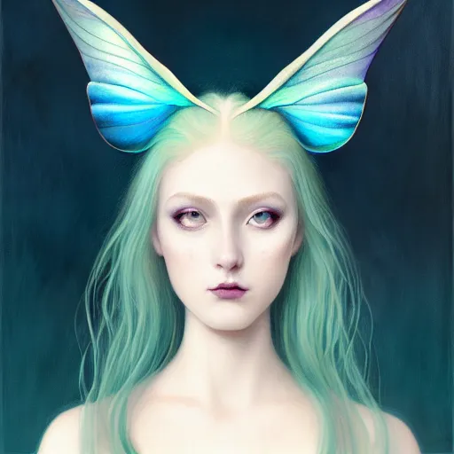 Image similar to portrait of girl with pale teal hair, luna moth, uniquely beautiful, fantasy, intricate, elegant, dramatic lighting, emotionally evoking symbolic metaphor, highly detailed, lifelike, photorealistic, digital painting, artstation, concept art, smooth, sharp focus, illustration, art by John Collier and Albert Aublet and Krenz Cushart and Artem Demura and Alphonse Mucha