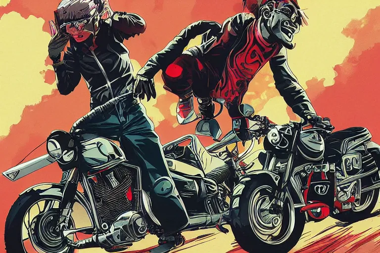 Prompt: schwartz, akira's motorcycle, gorillaz, poster, high quality