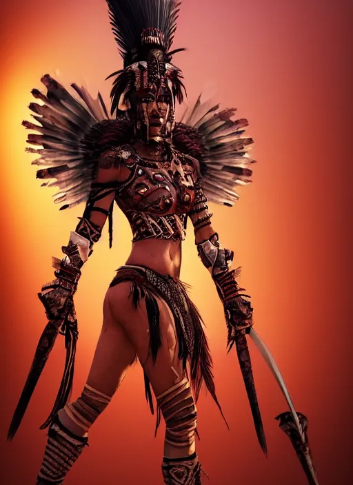 Prompt: movie frame with aztec warrior princess with Feathered spear, vertical composition, inspired by monster hunter and dark fantasy and fashion, beautiful body, clean brutal blooded symmetrical face, brutal bloody and sluty make up, epic,dramatic lighting, cinematic, establishing shot, extremely high detail, photorealistic, brutal, provocative , cinematic lighting, artstation, octane render, dark fantasy ,old photo, vintage, black and white, Boris vallejo, sepia, old photography, documentary photography