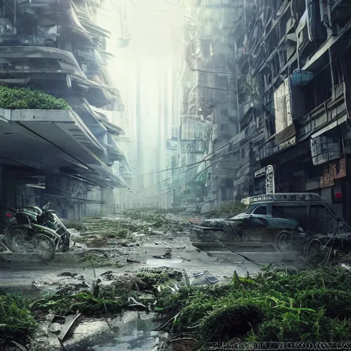 Prompt: beautiful nature reclaiming a dystopian city, cyberpunk, sharp focus, dynamic lights, still, photograph, hyper realistic, masterpiece, octane render, rendered, 3 d, cinematic, cinematic lighting, dramatic lighting, highly detailed, intricate details, texture, cinematic composition, wide shot, by donglu yu and kevin jick and eddie del rio