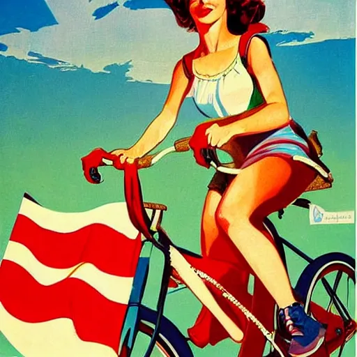 Prompt: portrait of young woman riding a bicycle in summer, soviet propaganda poster, hungarian flag in the background, colored, artgerm, highly detailed