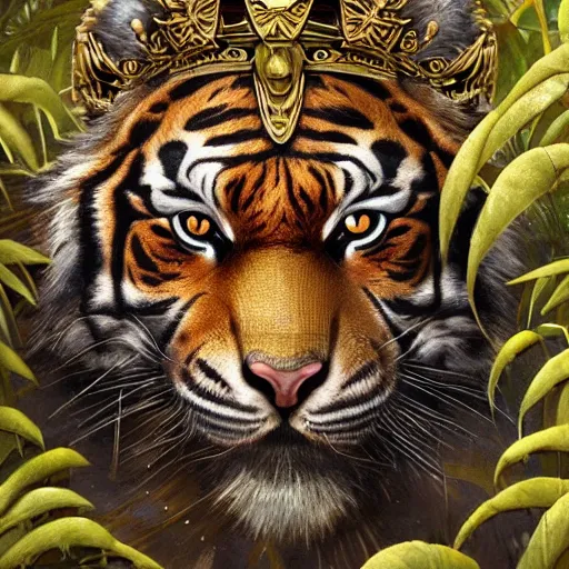 Image similar to a very high detailed tiger crossed with a muscular human body, wearing a very detailed golden kings crown, tattoo on shoulder, in a highly detailed jungle, full body, majestic, symmetric, Golden crown, crown on head, digital art, concept art, greg rutkowski, Nikolai Karelin, Hou China, trending artstation