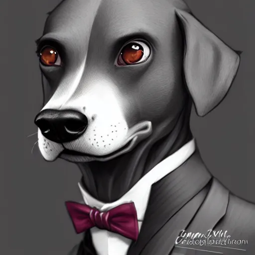 Image similar to an anthropomorphic dog wearing a tuxedo suit,Character design by charlie bowater, ross tran, artgerm, and makoto shinkai, detailed, inked, western comic book art, 2021 award winning painting,photorealistic,detailed face,professional lighting,studio photograph,hyperdetailed