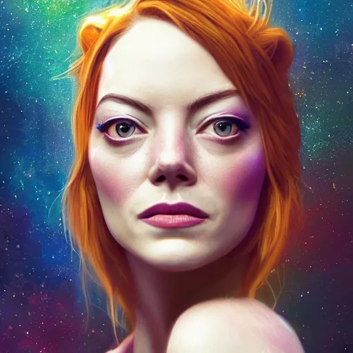 Image similar to cosmic lion portrait of emma stone, hyper detailed, digital art, trending in artstation, cinematic lighting, studio quality, smooth render, unreal engine 5 rendered, octane rendered, art style by klimt and nixeu and ian sprigger and wlop and krenz cushart.