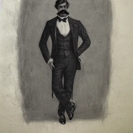 Image similar to gentleman action hero, suit, bow tie, mustache, by alfred stevens in charcoal