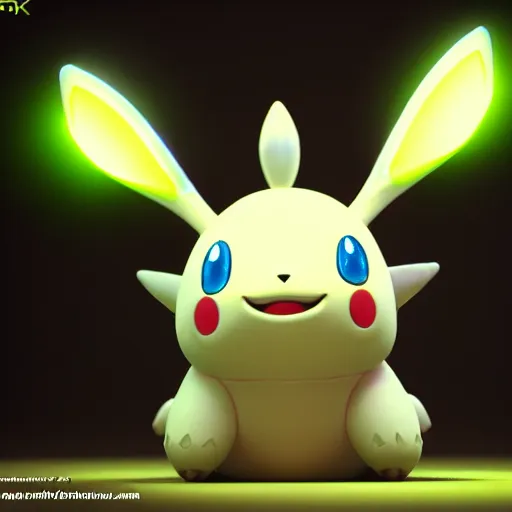 Prompt: nymph render of a very cute 3d togepi pokemon, adorable eyes, cute smile, full round face, neon lights in background, serene bedroom setting, medium shot, mid-shot, highly detailed, trending on Artstation, Unreal Engine 4k