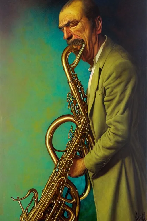 Image similar to tuba player, turquoise background in the style of wayne barlowe, gustav moreau, goward, bussiere, roberto ferri, santiago caruso, luis ricardo falero, austin osman spare