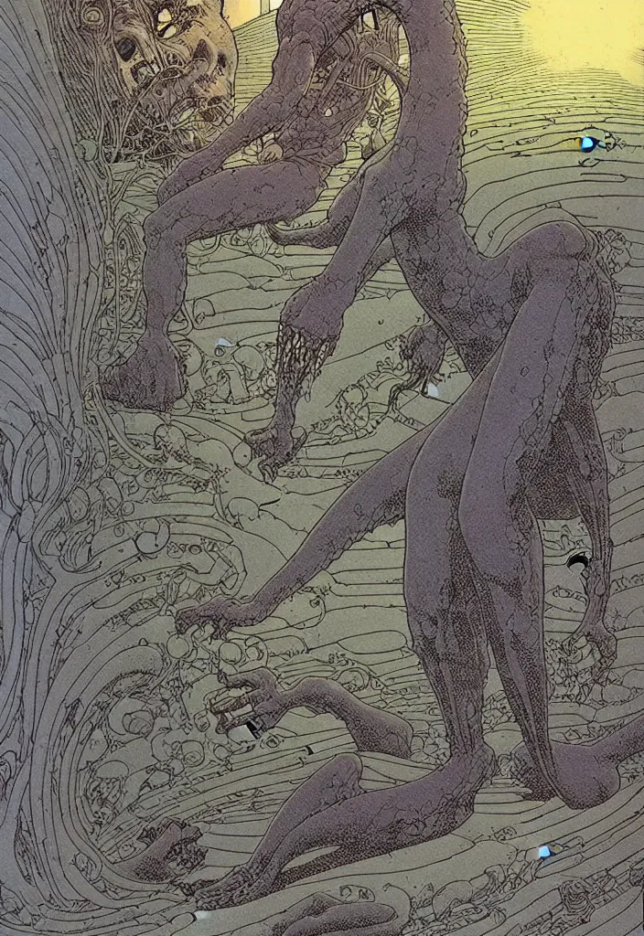 Image similar to by moebius and atey a monster in a graveyard |