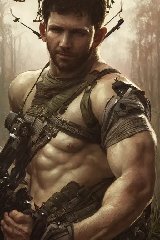 Image similar to portrait of chris redfield as a pathetically weak man, forest, full body, fantasy, intricate, elegant, highly detailed, digital painting, artstation, concept art, sharp focus, illustration, art by artgerm and greg rutkowski and alphonse mucha