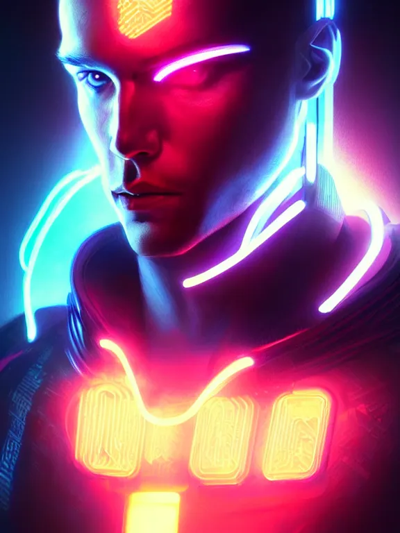 Image similar to portrait of male humanoid, intricate, masculine, cyber neon lights, highly detailed, digital photography, artstation, stylish pose, concept art, smooth, sharp focus, illustration, art by artgerm and greg rutkowski