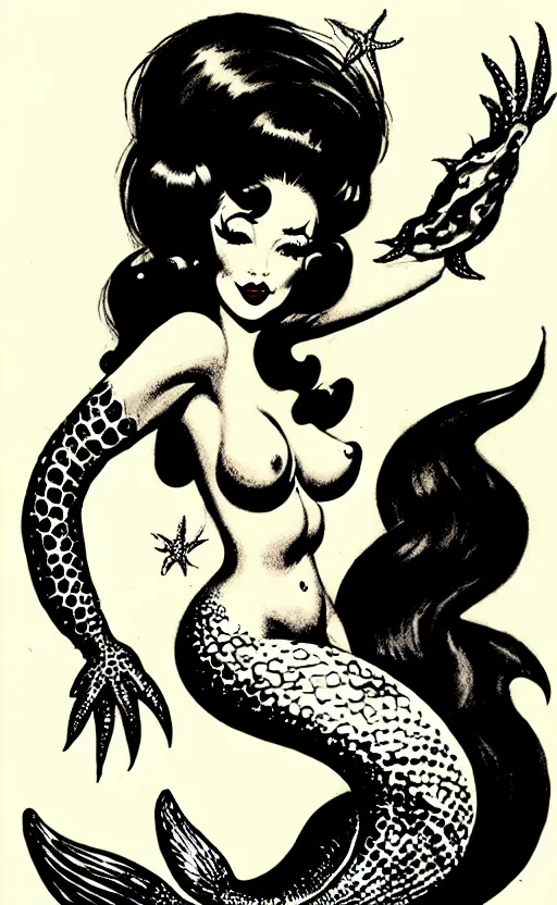 Image similar to mermaid with a detailed face and black hair, burlesque psychobilly, rockabilly, punk, white background, drawing, illustration by frank frazetta
