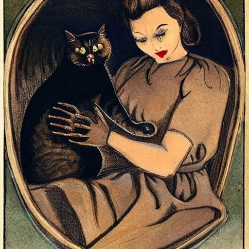 Prompt: it features a woman sitting with a cat on her lap. the woman is a bit spooky looking... her eyes glow with an unearthly light. indeed, she is nearly demonic.