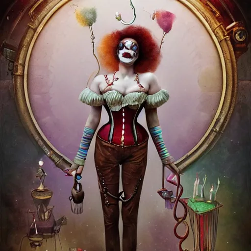 Image similar to photorealistic soft paint of a curiosities carnival, single beautiful clown in a full steampunk corset very long snakes hairs, symmetry accurate features, ominous depths, elegance, focus, rainbow lighting, very high details, award winning masterpiece, behance, by tom bagshaw