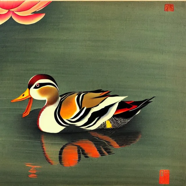 Image similar to a beautiful painting the mandarin duck in the lotus, by zhang daqian painting