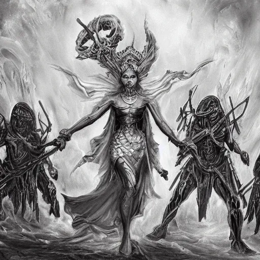 Image similar to a ghost queen triumphs over a legion of demons, a painting of an ancient kingdom under the rule of a ghost queen