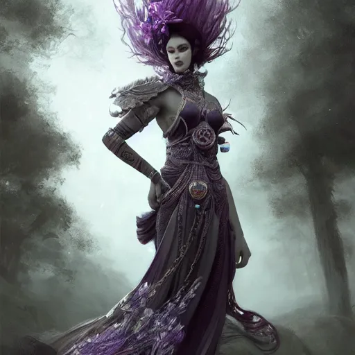 Image similar to picture generation, soft painting curiosities ornamentsl, beautiful female anthropomorphic warrior in full long dress, accurate features, focus, very intricate ultrafine details, black white purple volumetric clouds, award winning masterpiece, octane render 8 k hd, tom bagshaw artstyle, fantasy forest