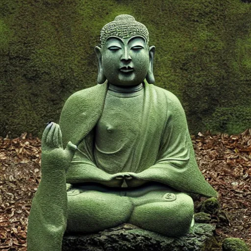 Prompt: a moss covered stone statue of a meditating buddhist monk, moist, lush, raining, by john atkinson grimshaw, trending on artstation