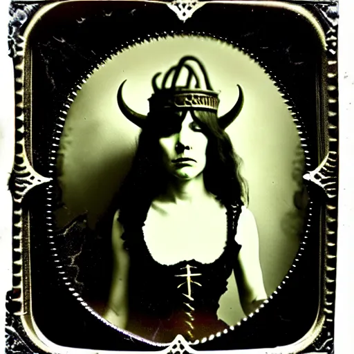 Image similar to tintype ambrotype daguerreotype of a cthulhu priestess adorned in occult jewelery with tentacle hair. emerging walking out of a slithering baroque frame. she is high priestess of cthulhu. tintype
