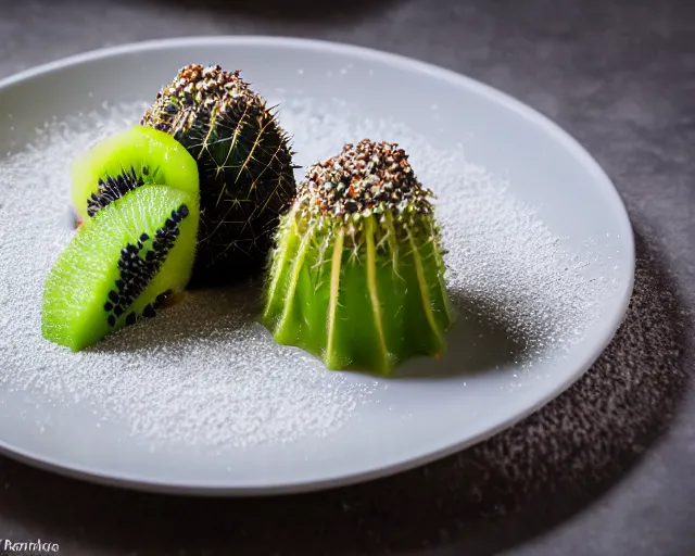 Prompt: a fine dining dessert plate of spiky cactus and ice cream, sugar sprinkled, kiwi, food photography, michelin star, fine dining, bokeh