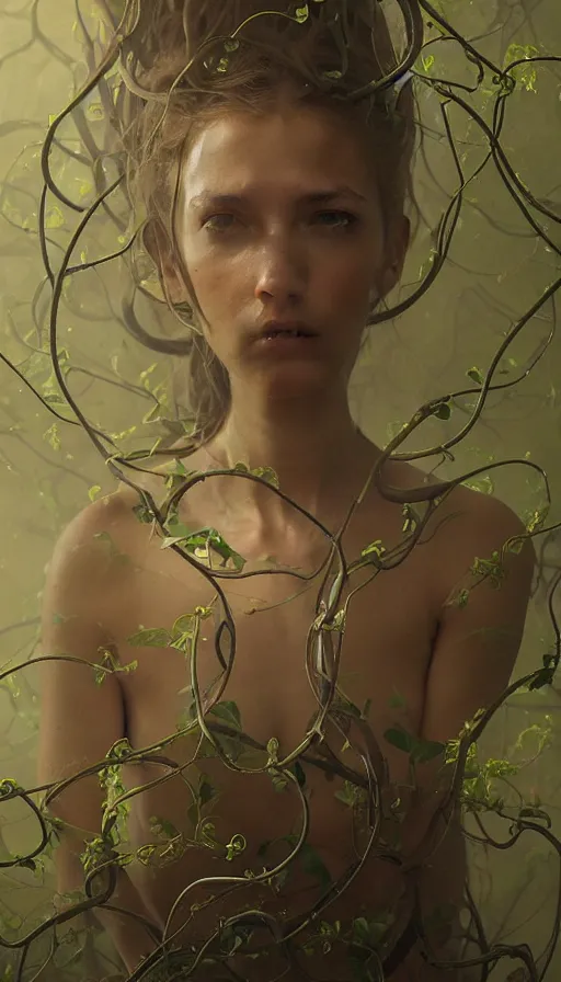 Image similar to very detailed portrait of a 2 0 years old girl surrounded by tentacles, the youg woman visage is blooming from fractal and vines, by greg rutkowski