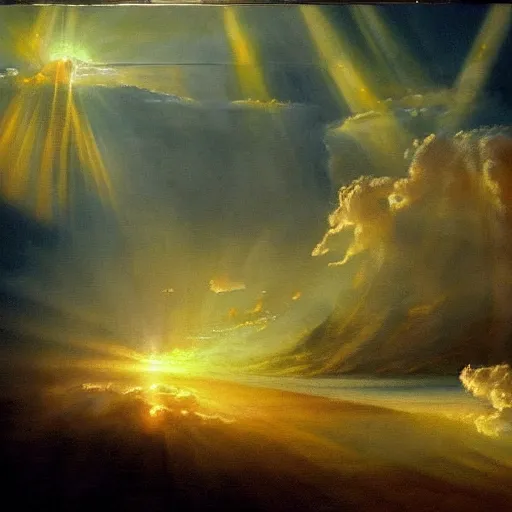 Image similar to masterful painting of heaven with volumetric grand lighting