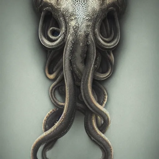 Prompt: dramatic full close - up portrait of a sad human! cephalopod hybrid!!!, detailed, dimly light room, volumetric lighting,