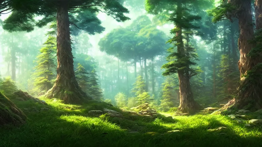 Image similar to forest clearing landscape, studio ghibli, pixar and disney animation, sharp, rendered in unreal engine 5, highly detailed, digital painting, artstation, concept art, smooth, sharp focus, illustration, wide angle, artbook, wallpaper, splash art, promo art, dramatic lighting, art by artgerm and greg rutkowski and bo chen and jin xiaodi