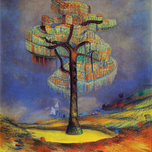 Image similar to impressionist symetrical fiction hugo wojciech siudhinski and lajos gulacny, lowbrow, 4 k 4 k colorful eldritch village tequila tree, by francisco goya and ted