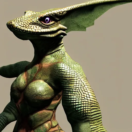 Image similar to 3D render of a feminine anthro reptile fursona Argonian in Skyrim, pose mod, in-game screenshot, loverslab