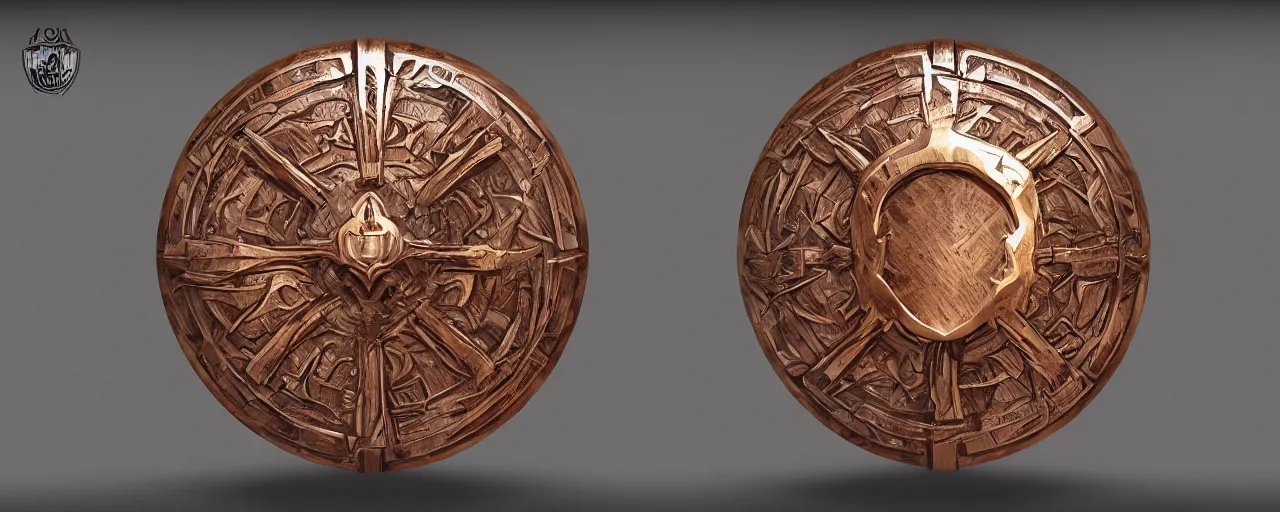 Prompt: wooden ring with a shield ornament, ring, wood, steel, shield, detail, smooth shank, engravings, product design, jewelry, art by gerald brom, greg rutkowski and artgerm and james jean and zdzisław beksinski, 8 k, unreal engine, c 4 d
