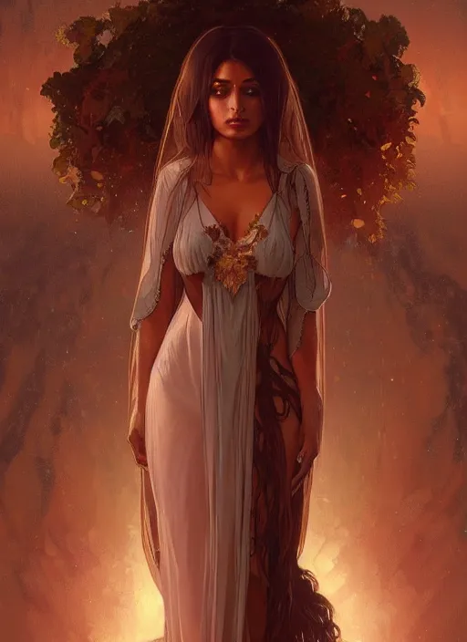 Image similar to cute brown woman wearing a transparent night gown, fantasy, intricate, highly detailed, digital painting, artstation, concept art, wallpaper, smooth, sharp focus, illustration, art by artgerm and greg rutkowski and alphonse mucha