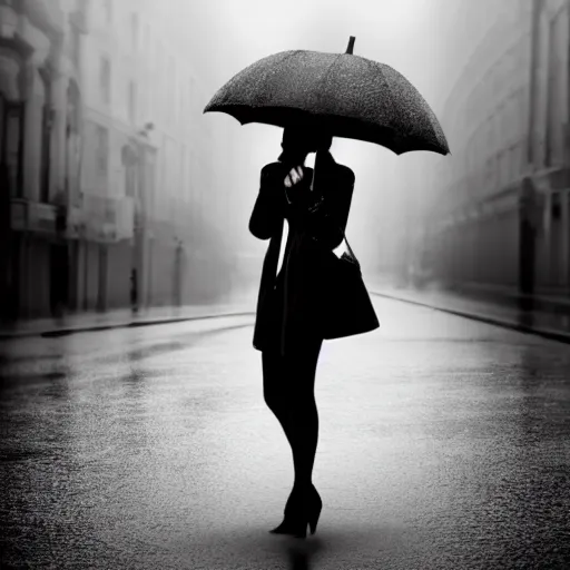 Prompt: heavy rain and a girl with an umbrella in black and withe