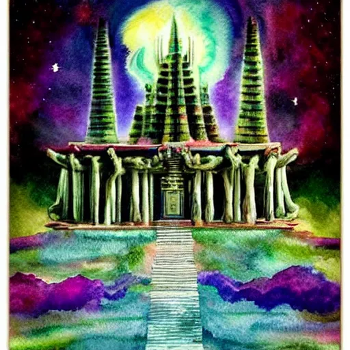 Prompt: grand dream cosmic temple where a man's soul goes to choose his next life, thick atmosphere, souls sprouting from the ground ,watercolor, epic shot