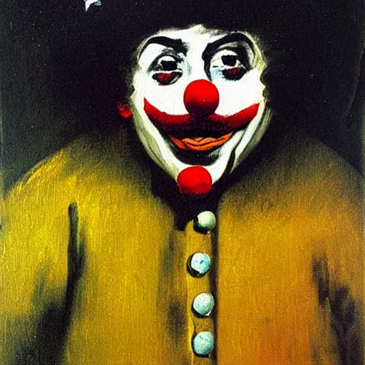Image similar to an oil painting of a clown watching soccer, goya, dark,