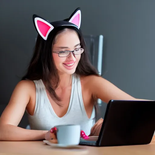 Image similar to cute woman wearing tank top and cat ears plays on computer