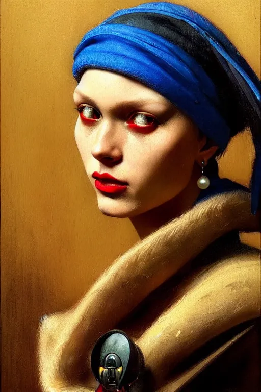 Image similar to character portrait cyberpunk warhammer 4 0 k, girl with the pearl earring character design, painting by gaston bussiere, katsuya terada, frank frazetta, tom of finland, trending on artstation