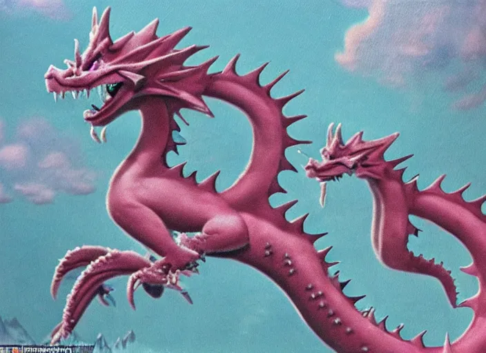 Prompt: soft pleasing - palette roaring symmetrical spiky friendly creature, close - up, pleasing palette, cute spiky teeth, adorable, friendly, highly detailed, made out of idyllic nebulous clouds sophisticated detailed pastel dragon from scenery fantasia ( 1 9 4 1 )
