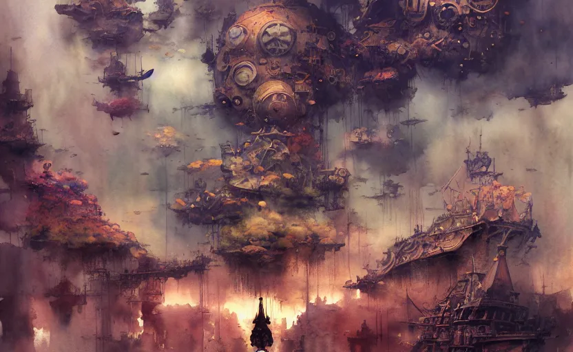 Image similar to airshps fleet, fantasy, steampunk. intricate, amazing composition, colorful watercolor, by ruan jia, by maxfield parrish, by marc simonetti, by hikari shimoda, by robert hubert, by zhang kechun, illustration, gloomy