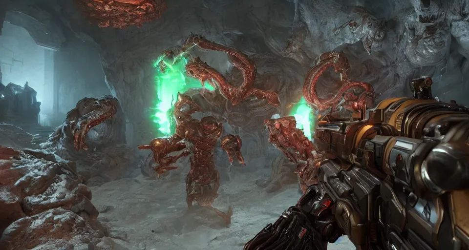 Image similar to gameplay of doom eternal, shooting a demon monster, ambient lighting, concept art, intricate, hyper detailed, smooth, action, volumetric lighting, 3 d render, unreal, octane