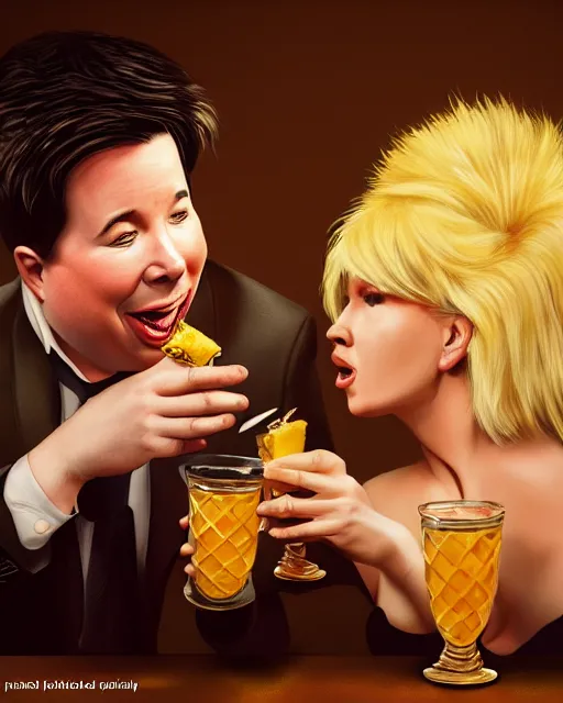 Image similar to A drunk Michael Mcintyre with a blonde woman eating pineapple in a nightclub,real life skin, intricate, elegant, highly detailed, artstation, concept art, smooth, sharp focus, photo