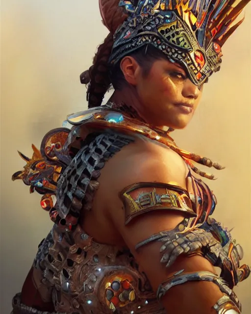 Prompt: ultra realistic stunning aztec warrior, fantasy, intricate, elegant, highly detailed, digital painting, artstation, concept art, smooth, sharp focus, illustration, edge highlights, beautiful light and shadows, art by krenz cushart and greg rutkowski and sachin teng and sergey kolesov and ruan jia and heng z