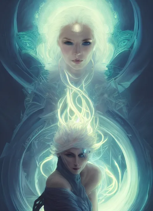 Prompt: a beautiful white haired pyromancer, intricate concept art, ethereal, ominous, mysterious, enchanted, magic, cosmic, dramatic lighting, illuminated lines, outrun, vaporware, illuminated runes, cyberpunk darksynth, dark background, 8 k, by ruan jia and krenz cushart and alphonse mucha