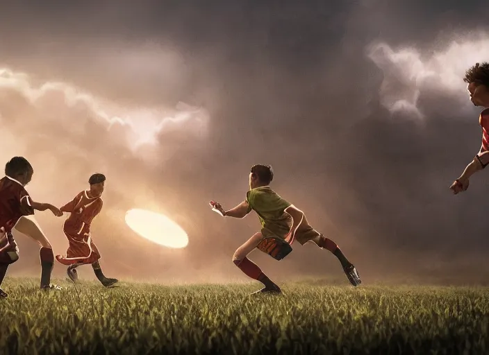 Image similar to big motion picture scenery artwork by robert svebeck, rendering of several young wizards playing in a football on a mystical field, matte painting, trending on artstation and unreal engine