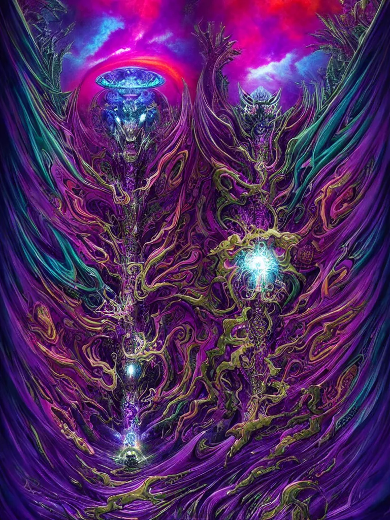 Image similar to depicting a wrathful technological nightmare monster god, in the style of lisa frank, exuberant organic elegant forms, by karol bak and filip hodas : : 1. 4 purple, red, blue, green, black intricate mandala explosions : : intuit art : : turbulent water backdrop : : damask wallpaper : : atmospheric