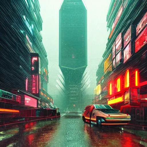 Prompt: gigantic shiny pyramid in the distance, brutalist, blade runner, sci fi, stunning detail, cityscape, cyberpunk, wet street, 8k, cinematic lighting, ultra realistic, colorful, neon, octane rendered,